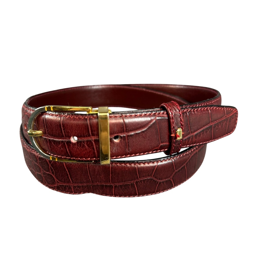 La Sella Roma Burgundy Crocodile Embossed Leather Belt Gold Buckle Made in Italy